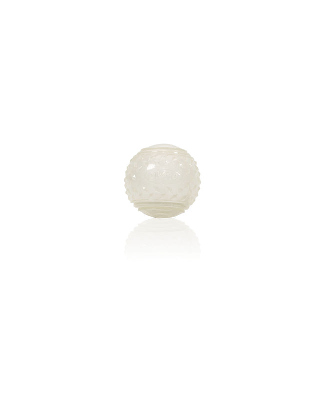 Gloria PLAY AND RUN yellow TPR dog toy ball, 6.35 cm diameter, suitable for pets, featuring a textured surface for dogs.
