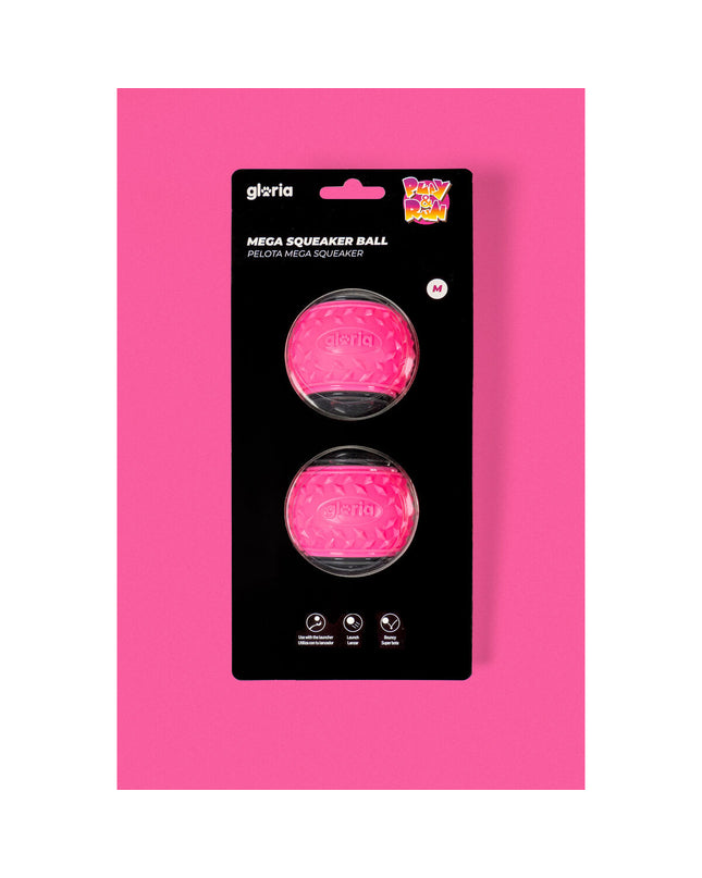 Pink Gloria Play and Run dog toys, TPR material, 6.35 cm, set of two, designed for active dogs.