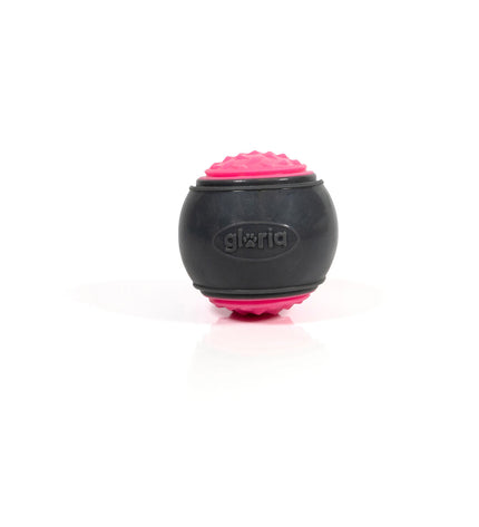 Pair of pink Gloria PLAY AND RUN dog toys made of TPR, 6.35 cm diameter, for active pets, shown in a close-up image.