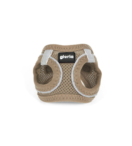 Beige Gloria dog harness for small dogs, 28-28.6 cm neck size, XXS, adjustable for 24-26 cm girth, made of durable material.