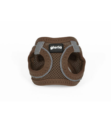 Brown Gloria dog harness for small dogs, 31-34.6 cm neck, 27-28 cm chest, made of comfortable, durable material.