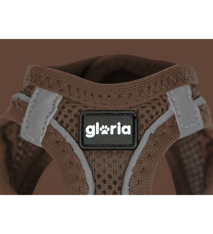 Brown Gloria dog harness for small dogs, 31-34.6 cm, with adjustable straps for 27-28 cm neck size.