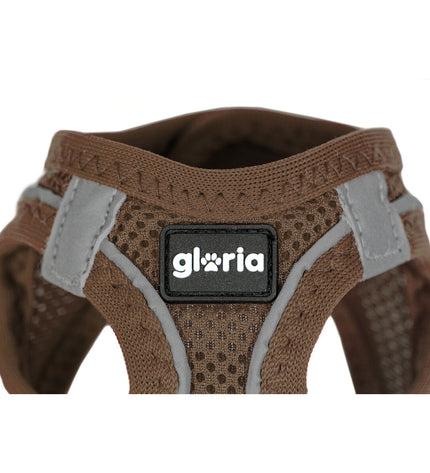 Brown Gloria dog harness for medium-sized dogs, adjustable collar with size 41.4-43 cm and chest 29.4-32.6 cm, shown on a dog.