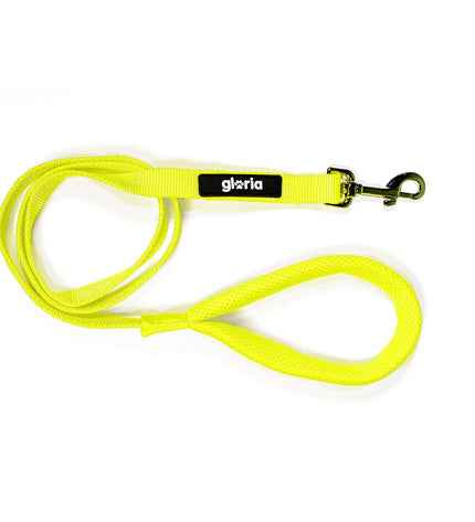 Yellow Gloria dog leash with padded handle, lightweight and durable for walking dogs, shown on a white background.