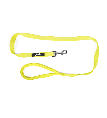Yellow Gloria dog leash with adjustable length and sturdy handle, designed for comfortable walking and control.