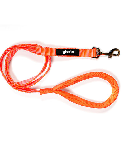 Orange Gloria dog leash with sturdy handle and nickel-plated clip, designed for comfortable walking and control.