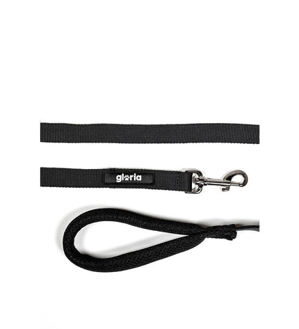 Black Gloria dog leash for small dogs, durable nylon material with a secure clasp, shown coiled on a white background.