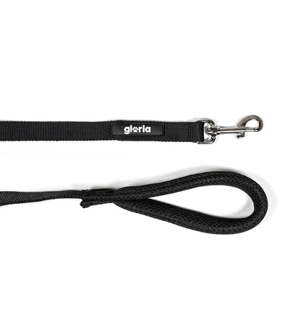 Black Gloria dog leash in size S with durable nylon material, shown coiled and ready for walking your pet.