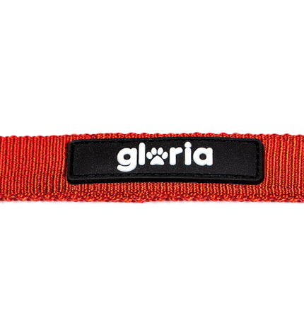Red Gloria dog leash for small dogs, durable nylon material with metal clasp, designed for secure walking and control.