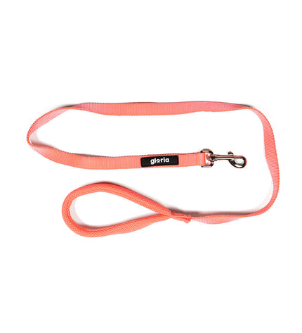 Pink Gloria dog leash for small dogs, showing the soft nylon strap with metal clasp and branding details.