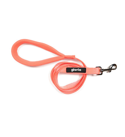 Pink Gloria dog leash for small dogs, durable nylon material with metal clasp, shown in close-up view.