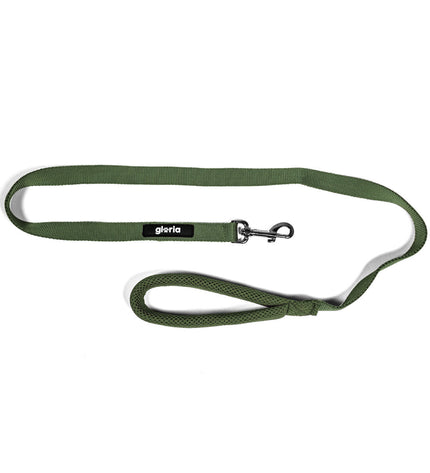 Green Gloria dog leash, 120 cm long, showing the sturdy nylon material and metal clip for secure attachment.