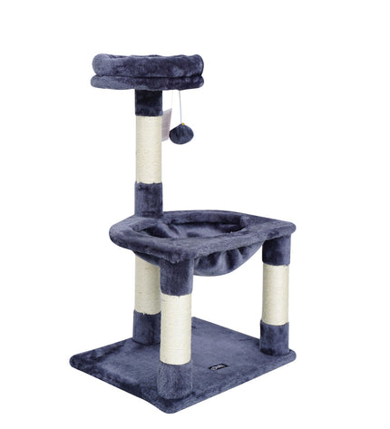 Gloria Juba cat tree with multiple platforms and sisal scratching posts, designed for feline play and relaxation.