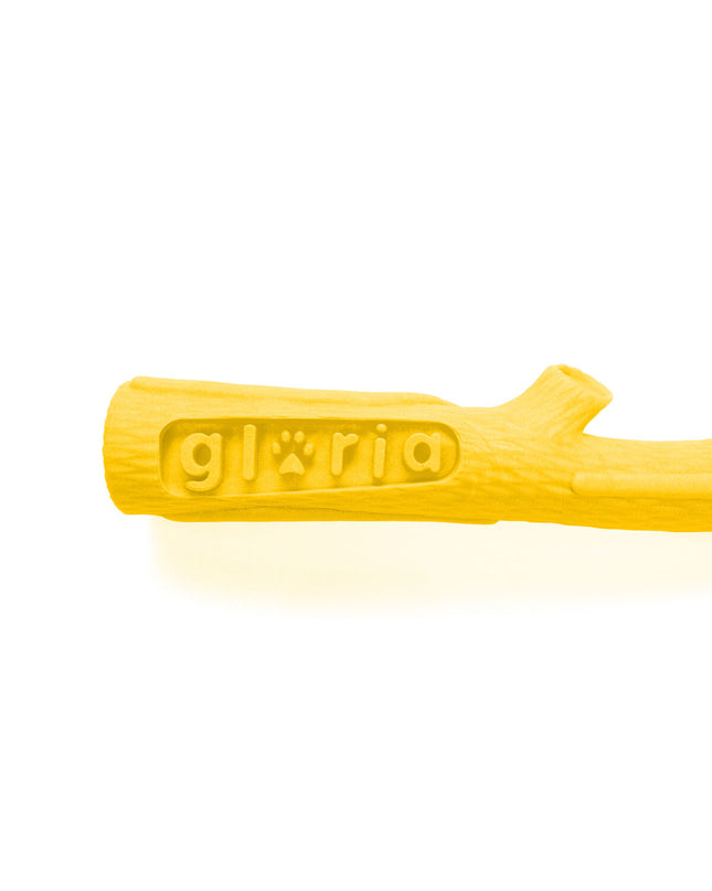 Gloria yellow dog teething toy for puppies, made of durable material, with textured surface for chewing and dental health.