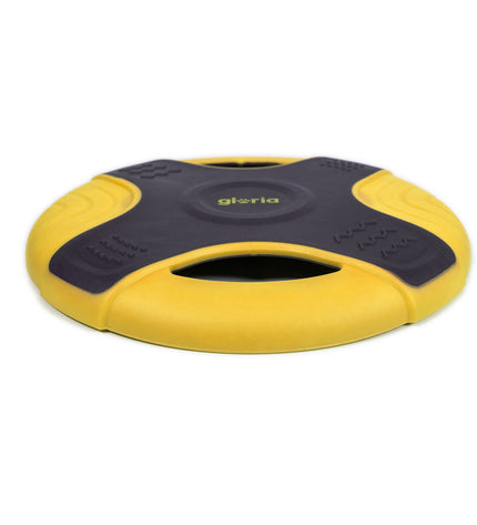 Yellow Gloria TPR Frisbee for dogs, 25 cm, durable pet toy designed for outdoor play and fetch.
