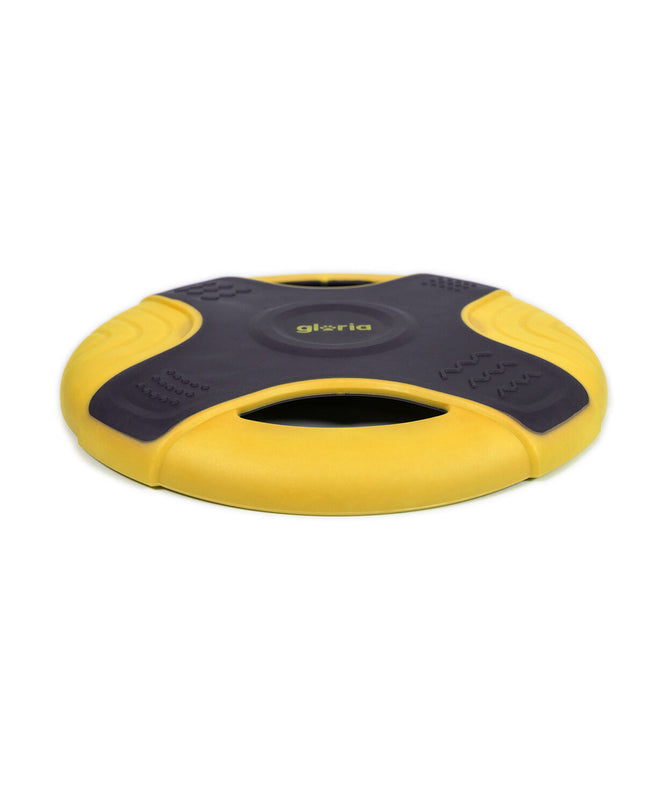 Yellow Gloria TPR Frisbee for dogs, 25 cm, durable pet toy designed for outdoor play and fetch.