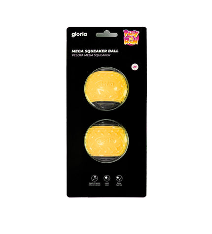 Two yellow Gloria Play and Run dog toys made of TPR, 6.35 cm diameter, designed for active pets and play.