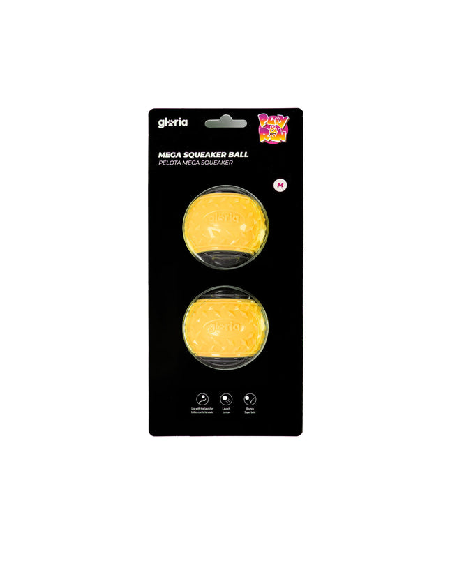 Two yellow Gloria Play and Run dog toys made of TPR, 6.35 cm diameter, designed for active pets and play.