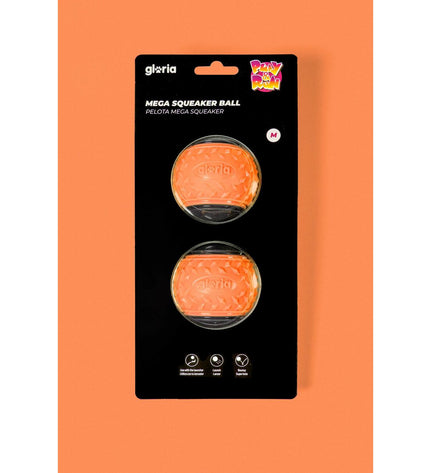 Two Gloria Play and Run orange dog toys made of TPR, 6.35 cm diameter, designed for active pets.