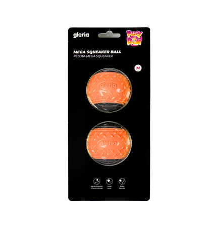Two Gloria PLAY AND RUN orange TPR dog balls, 6.35 cm in size, designed for dogs, shown in the image.