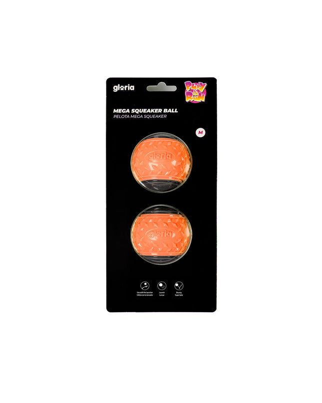 Two Gloria PLAY AND RUN orange TPR dog balls, 6.35 cm in size, designed for dogs, shown in the image.