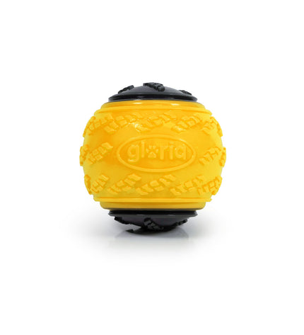 Yellow Gloria Play and Run dog toy ball made of TPR, 8.89 cm diameter, designed for active pets and dogs.
