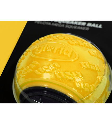 Yellow Gloria PLAY AND RUN dog toy ball made of TPR, 8.89 cm diameter, designed for active play with dogs.
