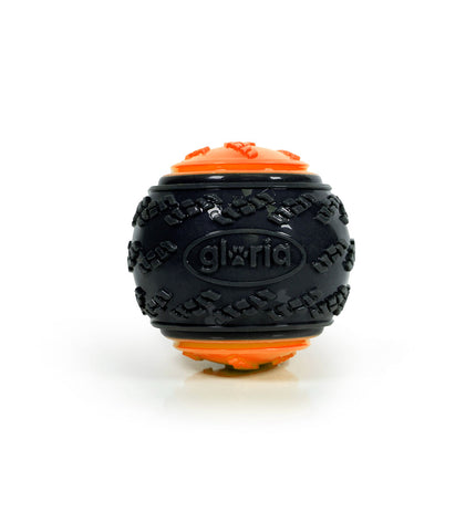 Orange Gloria PLAY AND RUN dog toy ball made of TPR, 8.89 cm diameter, designed for active pets and playful dogs.