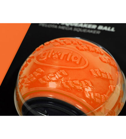 Orange Gloria PLAY AND RUN dog toy ball made of TPR, 8.89 cm diameter, designed for active pets and playtime.