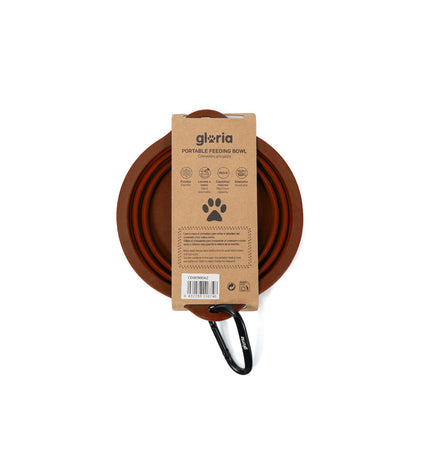 Foldable Gloria dog food bowl made of silicon and aluminum, 550 ml capacity, with a red rubber rim for stability.