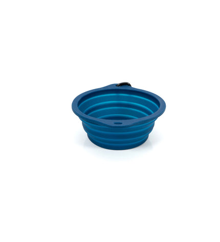 Blue silicone and aluminum foldable dog bowl by Gloria, 550 ml capacity, designed for pet feeding and travel.