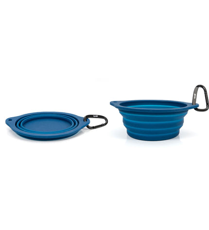 Blue collapsible dog bowl by Gloria, made of silicone and aluminum, with a 550 ml capacity for easy feeding on the go.