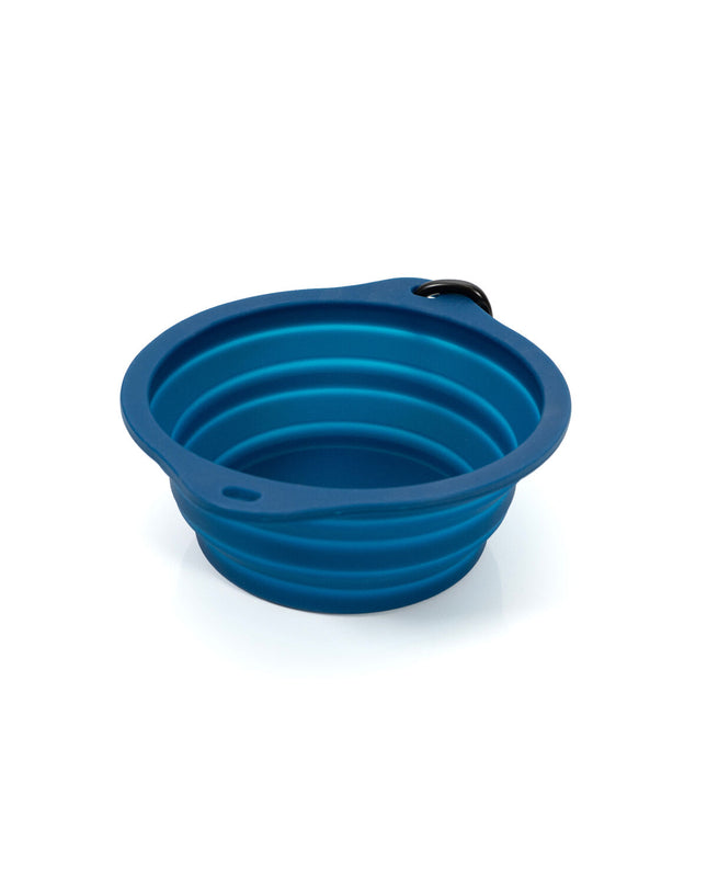 Blue Gloria foldable pet water bowl for dogs, made of silicone and aluminum, with 550 ml capacity.