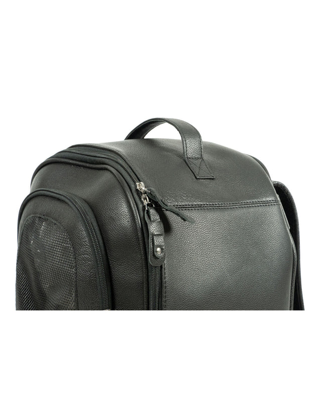 Black Gloria dog carrier backpack with adjustable straps and mesh panels for ventilation, designed for pets and outdoor use.