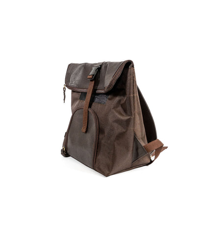 Brown Gloria dog pet backpack with adjustable straps and mesh sides for comfort and ventilation.