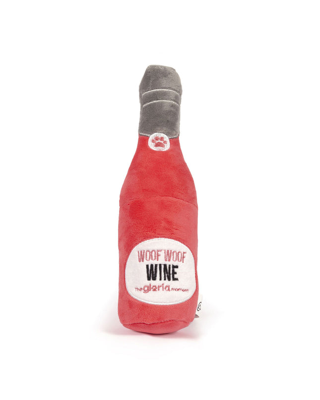 Soft red polyester dog plush toy Gloria WOOF WOOF WINE for dogs, featuring a cuddly and durable design for pet play.