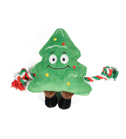 Green Gloria XMAS JOY dog plush toy with festive red accents, designed for playful dogs and holiday cheer.