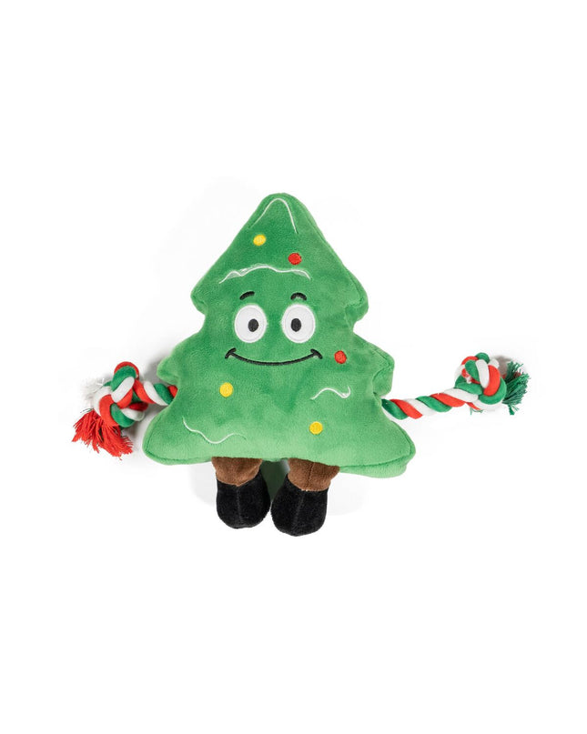 Green Gloria XMAS JOY dog plush toy with festive red accents, designed for playful dogs and holiday cheer.
