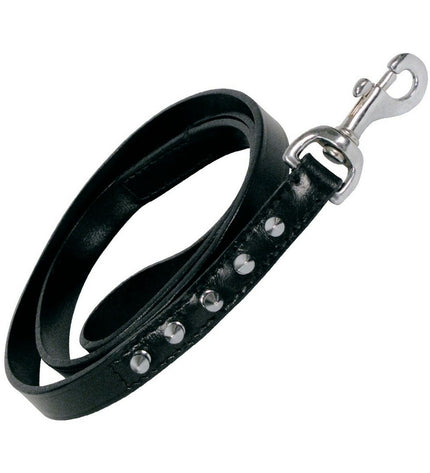 Black Gloria dog leash 105 cm made of durable material, shown lying flat with metal clip for secure attachment.