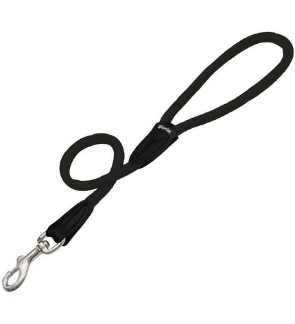 Black Gloria dog leash, 1 x 60 cm, made of durable material, shown coiled with metal clip for secure attachment.