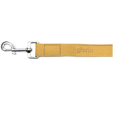 Yellow Gloria Oasis dog leash, 1.5 x 100 cm, durable nylon material, shown coiled with metal clip for secure attachment.