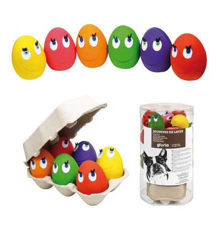 Set of 24 Gloria latex dog toys in egg shapes, small size, colorful and soft, designed for dogs to chew and play with.