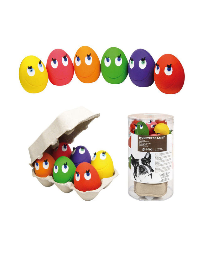 Set of 24 Gloria latex dog toys in egg shapes, small size, colorful and soft, designed for dogs to chew and play with.