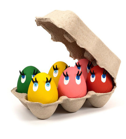 Set of 24 Gloria latex dog toys shaped like eggs, small size, colorful, and soft for puppies and small dogs.
