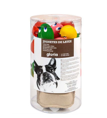 Set of 24 Gloria latex dog toy eggs in small size, colorful and soft, designed for dogs to play and chew.
