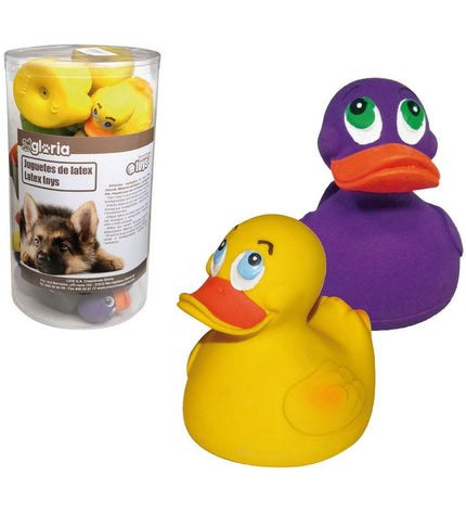 Set of 18 Gloria latex duck dog toys, colorful and soft, designed for dogs to chew and play with.