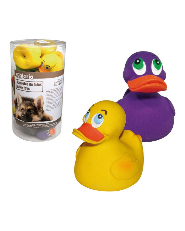 Set of 18 Gloria latex duck dog toys, colorful and soft, designed for dogs to chew and play with.