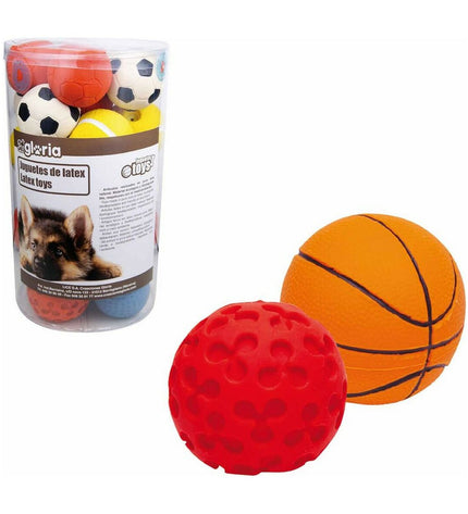 Set of 18 Gloria latex dog toys for puppies, featuring colorful animal-shaped plush and rubber balls for playful canine fun.