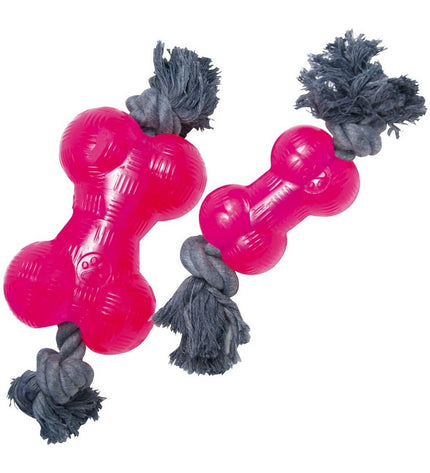 Pink Gloria TPR dog chew toy with rope, medium size (14 cm), durable pet toy for dogs designed for chewing and play.