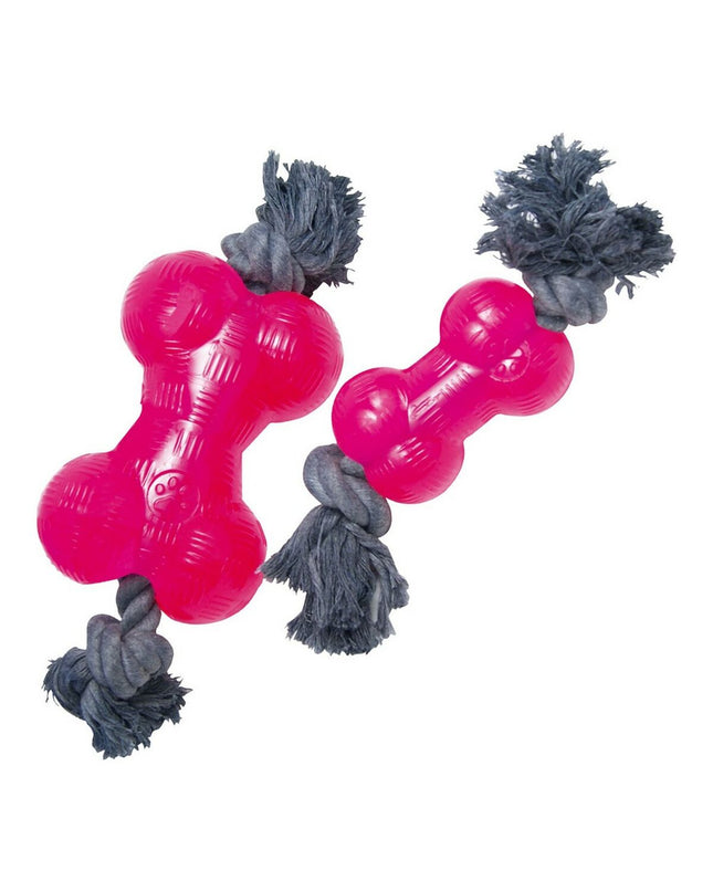 Pink Gloria TPR dog chew toy with rope, medium size (14 cm), durable pet toy for dogs designed for chewing and play.